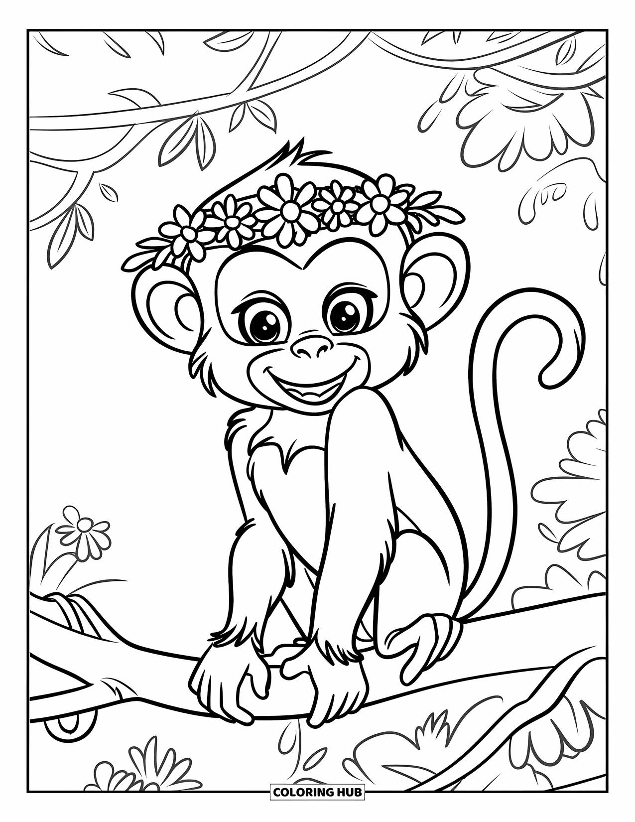 Monkey Coloring Page for Kids: A cheeky monkey in a flower crown smiles while sitting on a tree branch