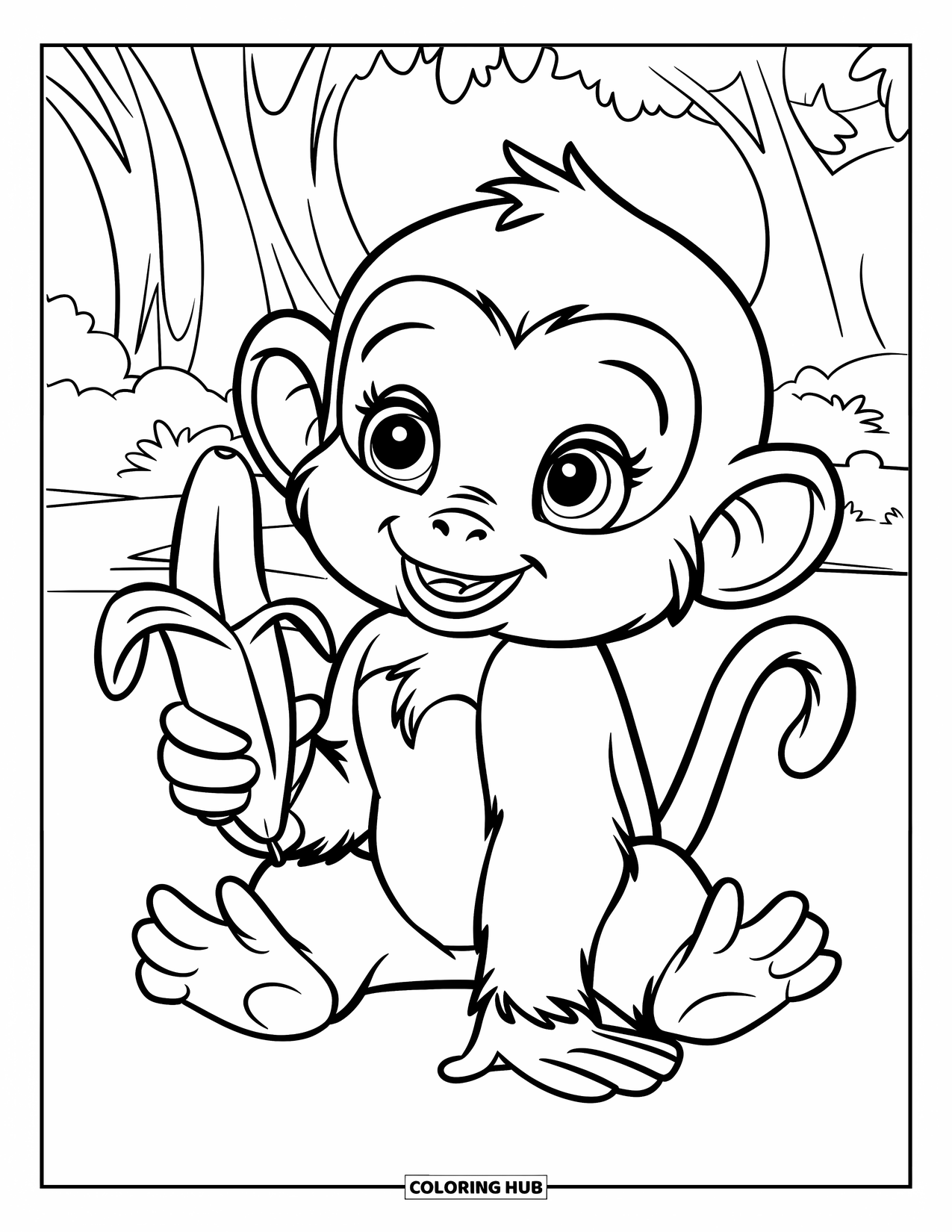 Monkey Coloring Page for Kids: A cheerful baby monkey with big eyes holds a banana in a sunny forest