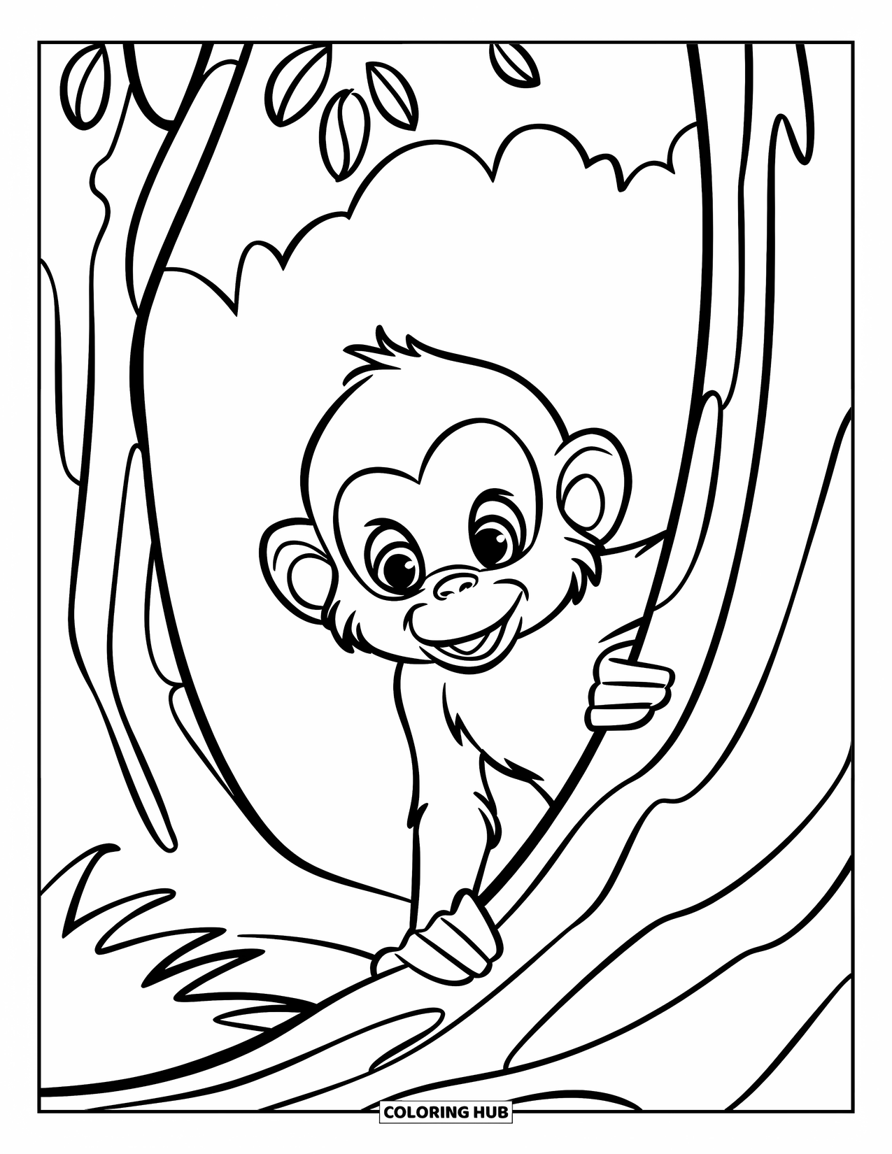 Monkey Coloring Page for Kids: A cheerful monkey hides behind a tree trunk in a simple, playful forest scene