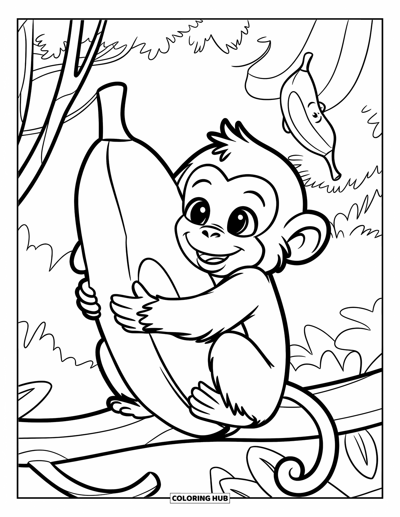 Monkey Coloring Page for Kids: A cute monkey hugs a big banana plushie while sitting on a branch