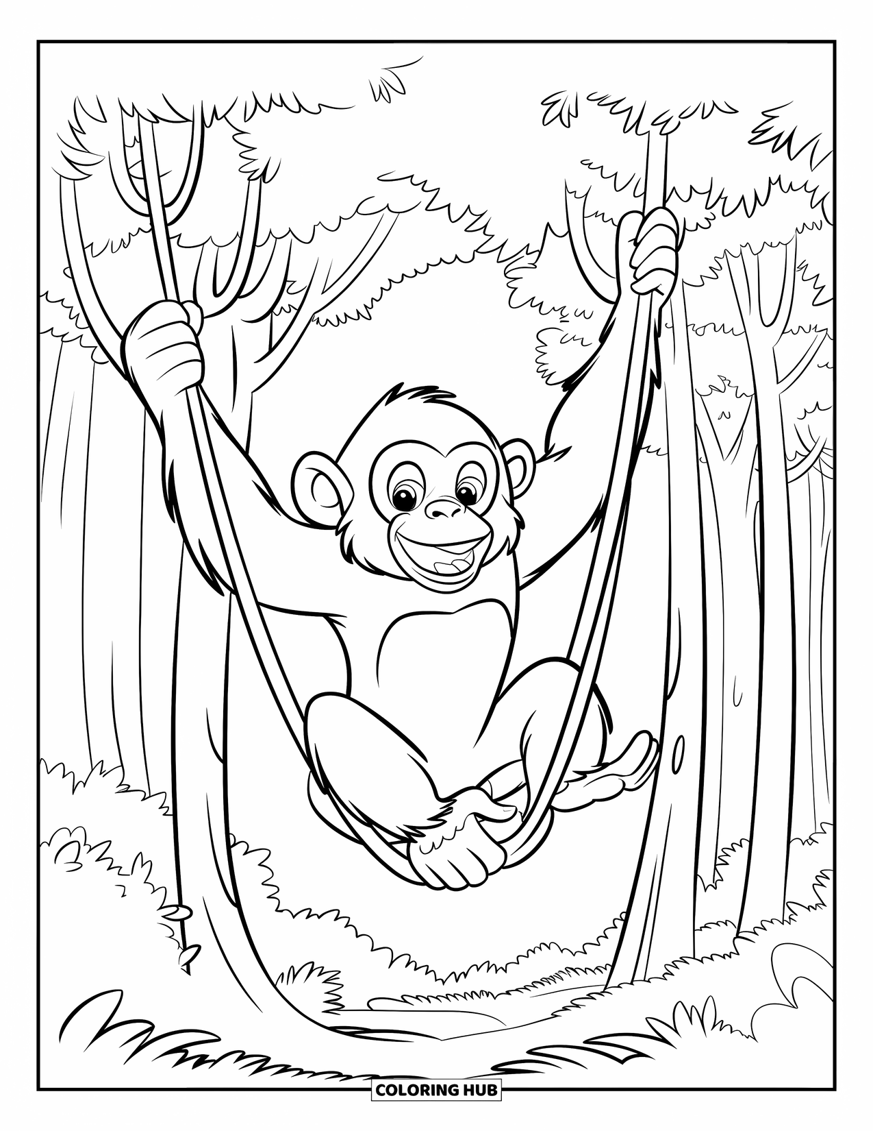 Monkey Coloring Page for Kids: A grinning chimpanzee swings between jungle trees with wide eyes and leafy canopies