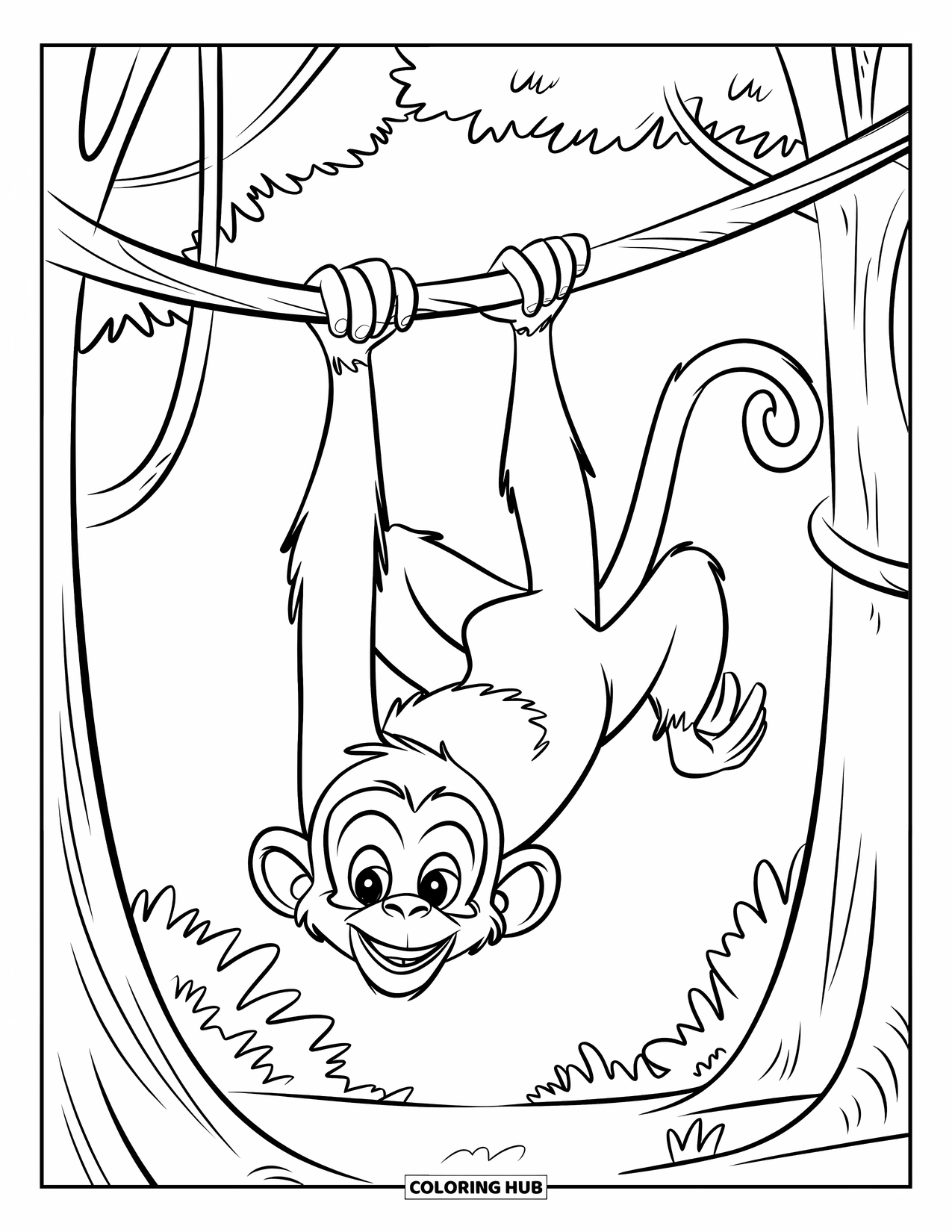 Monkey Coloring Page for Kids: A grinning monkey hangs from a vine surrounded by jungle trees
