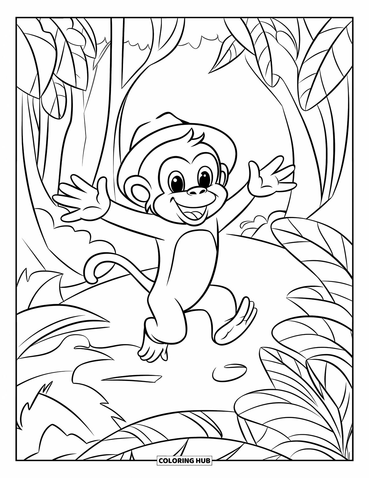 Monkey Coloring Page for Kids: A happy monkey jumps on a leafy jungle trail with a big grin