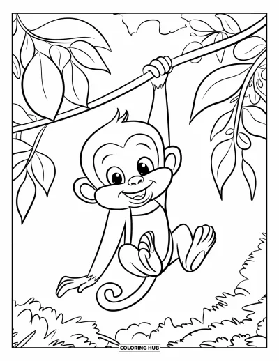 Dibujo de monos para colorear para niños: Un mono feliz se balancea en una liana con hojas mientras lleva un lindo atuendo verde