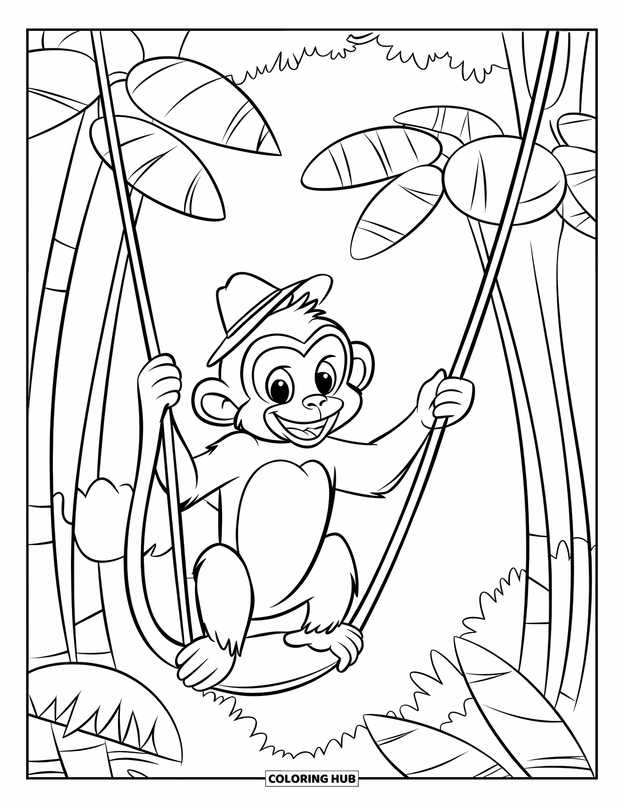Monkey Coloring Page for Kids: A happy monkey swings mid-air between tall trees with a tiny hat