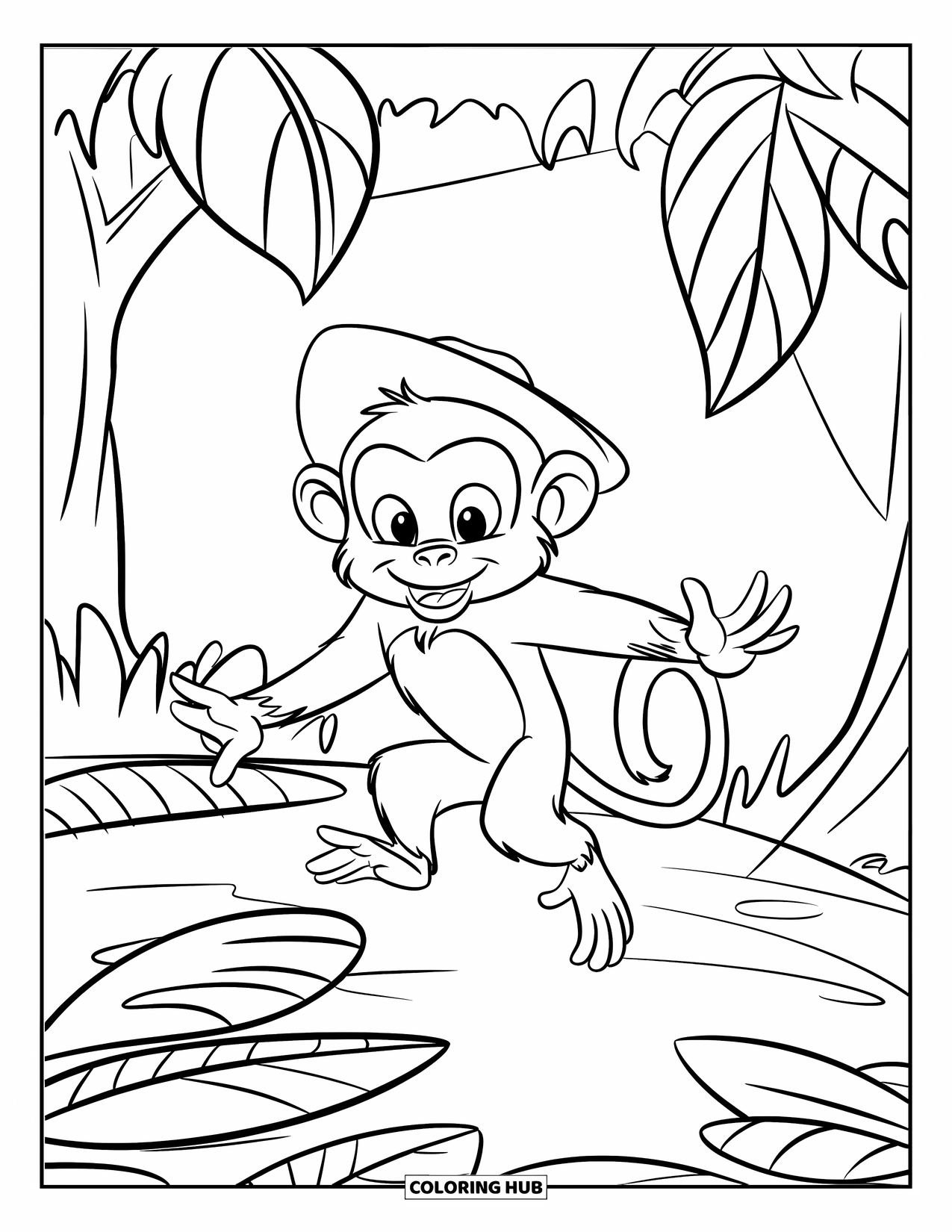 Monkey Coloring Page for Kids: A joyful monkey jumps along a jungle trail lined with big leafy trees