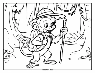 Dibujo de monos para colorear para niños: Un mono explorador de la selva con bastón y casco camina entre árboles y lianas densas