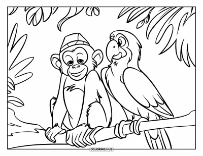 Dibujo de monos para colorear para niños: Un mono y un loro se sientan uno al lado del otro en una rama del bosque