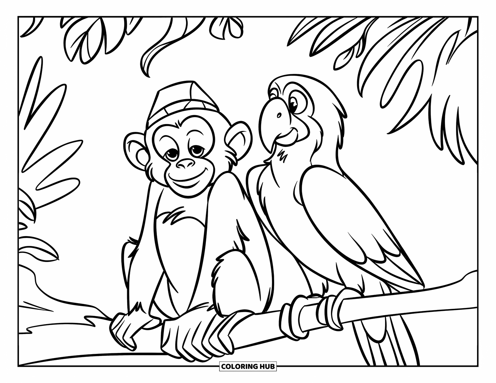 Monkey Coloring Page for Kids: A monkey and a parrot sit side by side on a branch in the forest