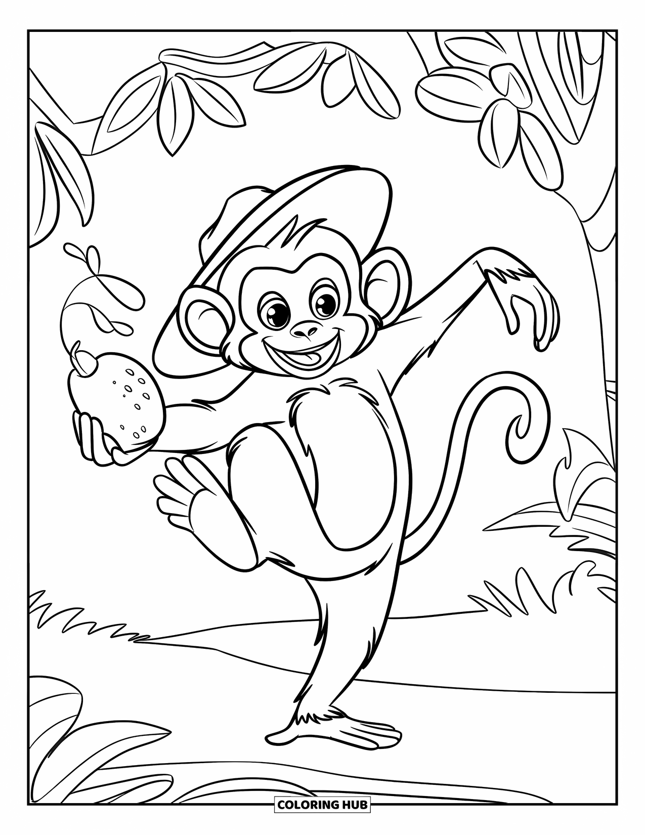 Monkey Coloring Page for Kids: A monkey balances on one foot with a fruit and a big smile