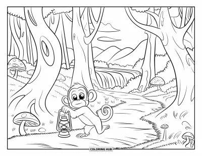 Dibujo de monos para colorear para niños: Un mono explora un sendero del bosque con una linterna, hongos y una cascada al fondo