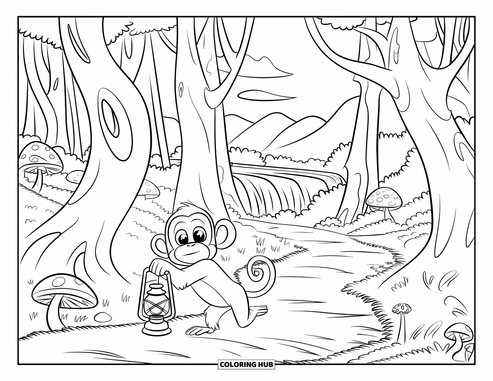 Monkey Coloring Page for Kids: A monkey explores a forest path with a lantern, mushrooms, and a distant waterfall