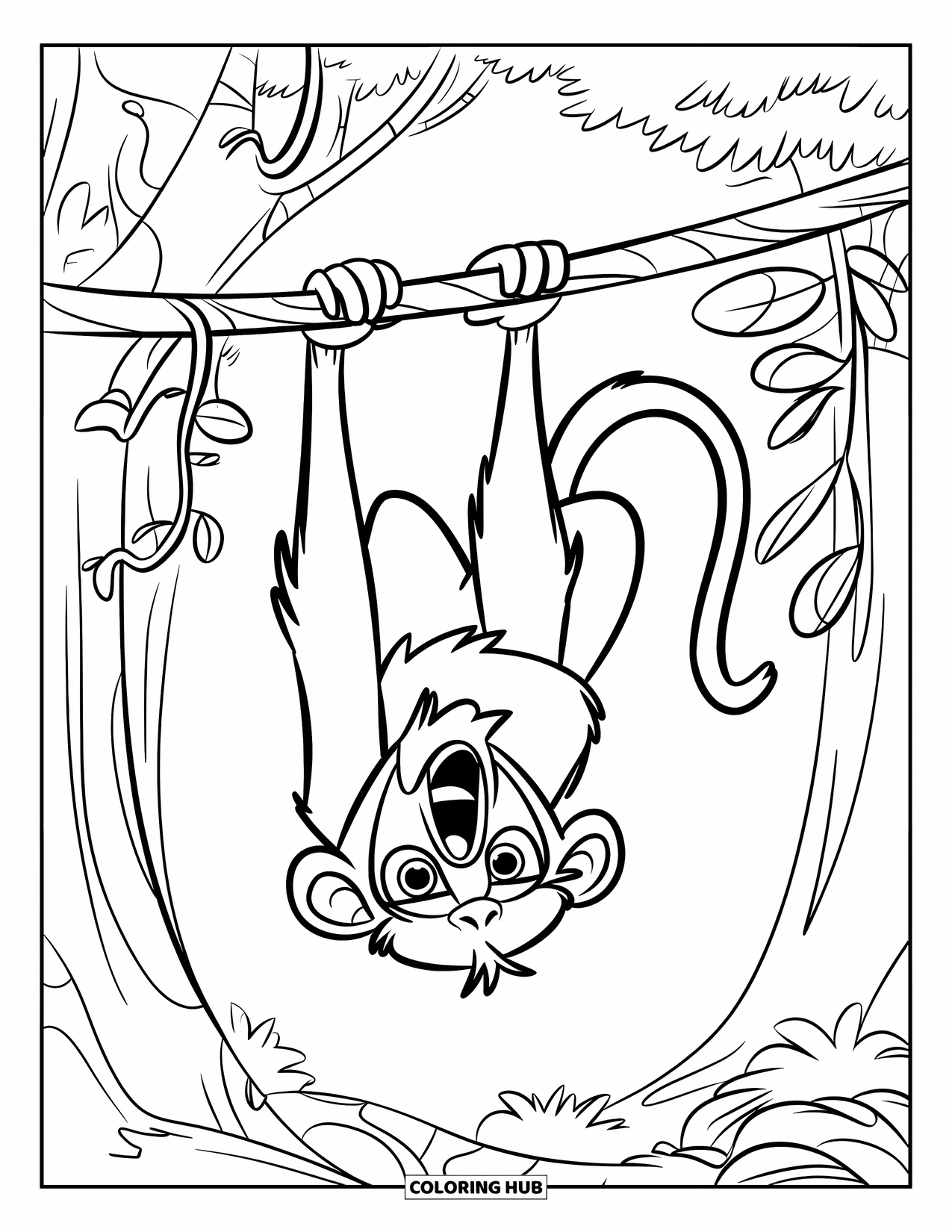 Monkey Coloring Page for Kids: A monkey hangs upside down from a vine with a wide, happy grin