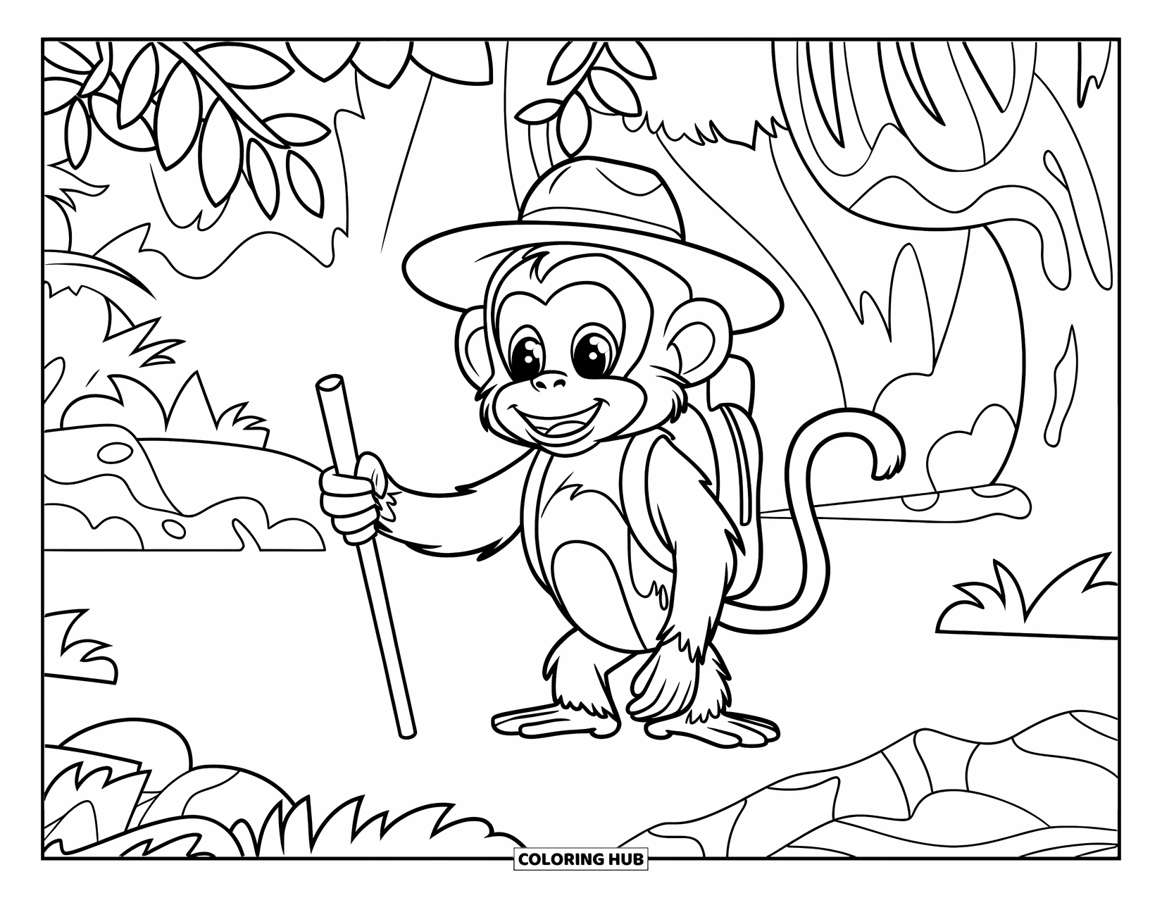 Monkey Coloring Page for Kids: A monkey in a backpack and hat stands in a jungle full of rocks and trees