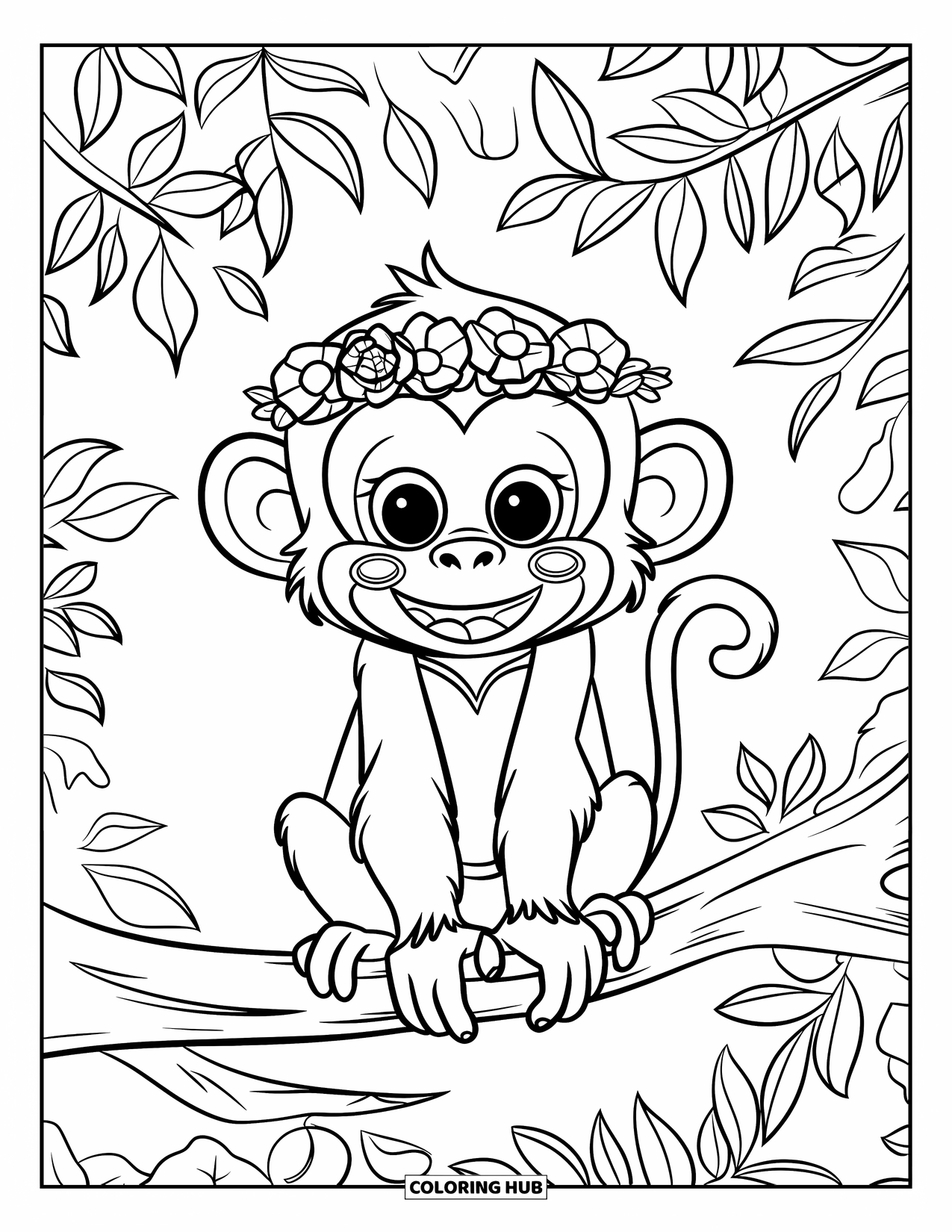 Monkey Coloring Page for Kids: A monkey in a flower crown and vest sits on a twisty branch in the forest