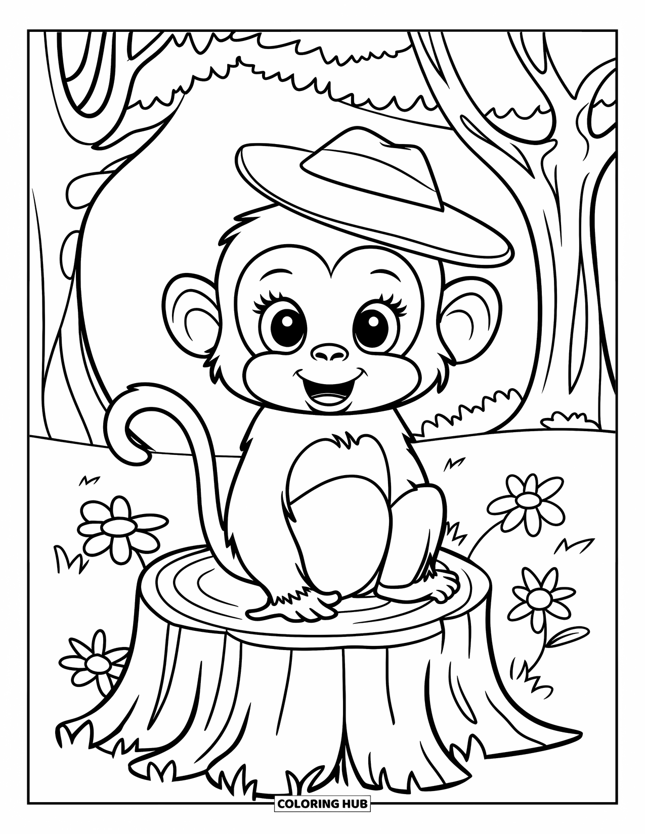 Monkey Coloring Page for Kids: A monkey in a green hat rests on a flower-covered tree stump among trees