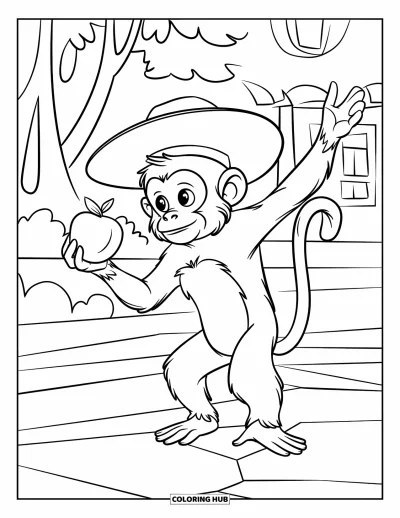 Dibujo de monos para colorear para niños: Un mono con sombrero se sostiene en un pie y sujeta una fruta junto al bosque
