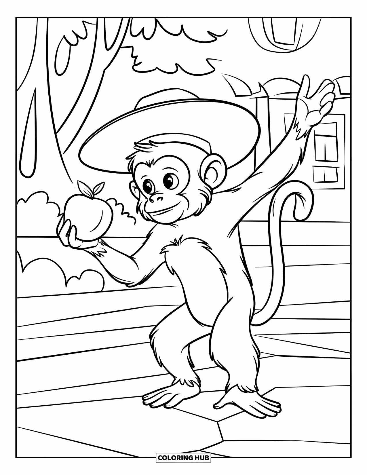 Monkey Coloring Page for Kids: A monkey in a hat stands on one foot holding a fruit beside a forest