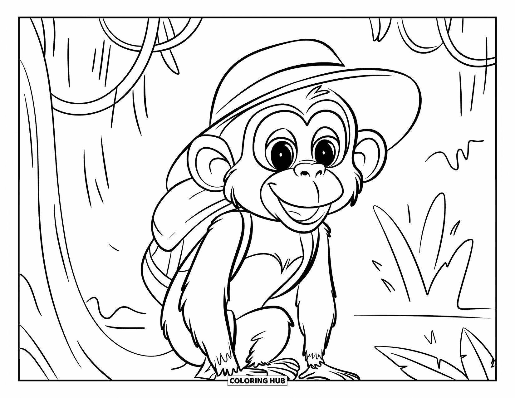 Monkey Coloring Page for Kids: A monkey in a jungle outfit explores trees and vines like a little adventurer