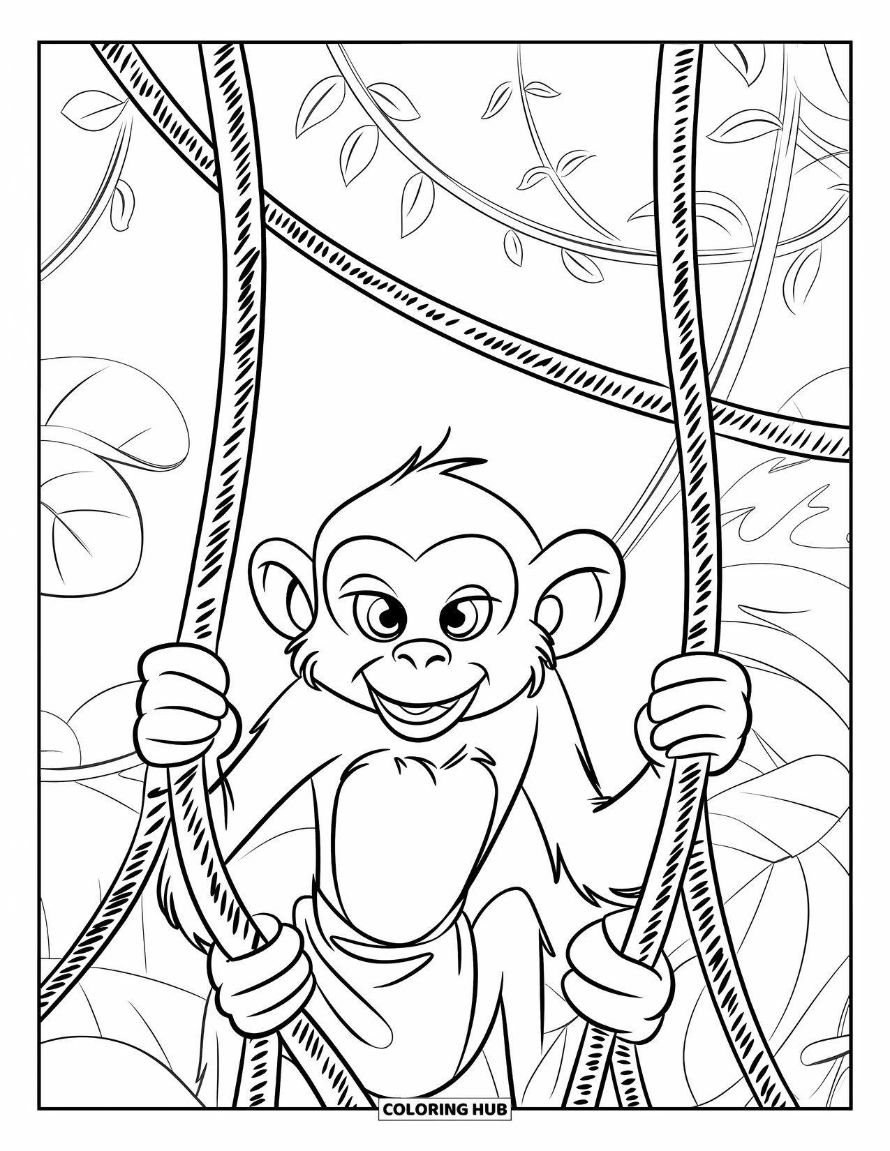 Monkey Coloring Page for Kids: A monkey in a loincloth peeks through patterned vines with a playful smirk