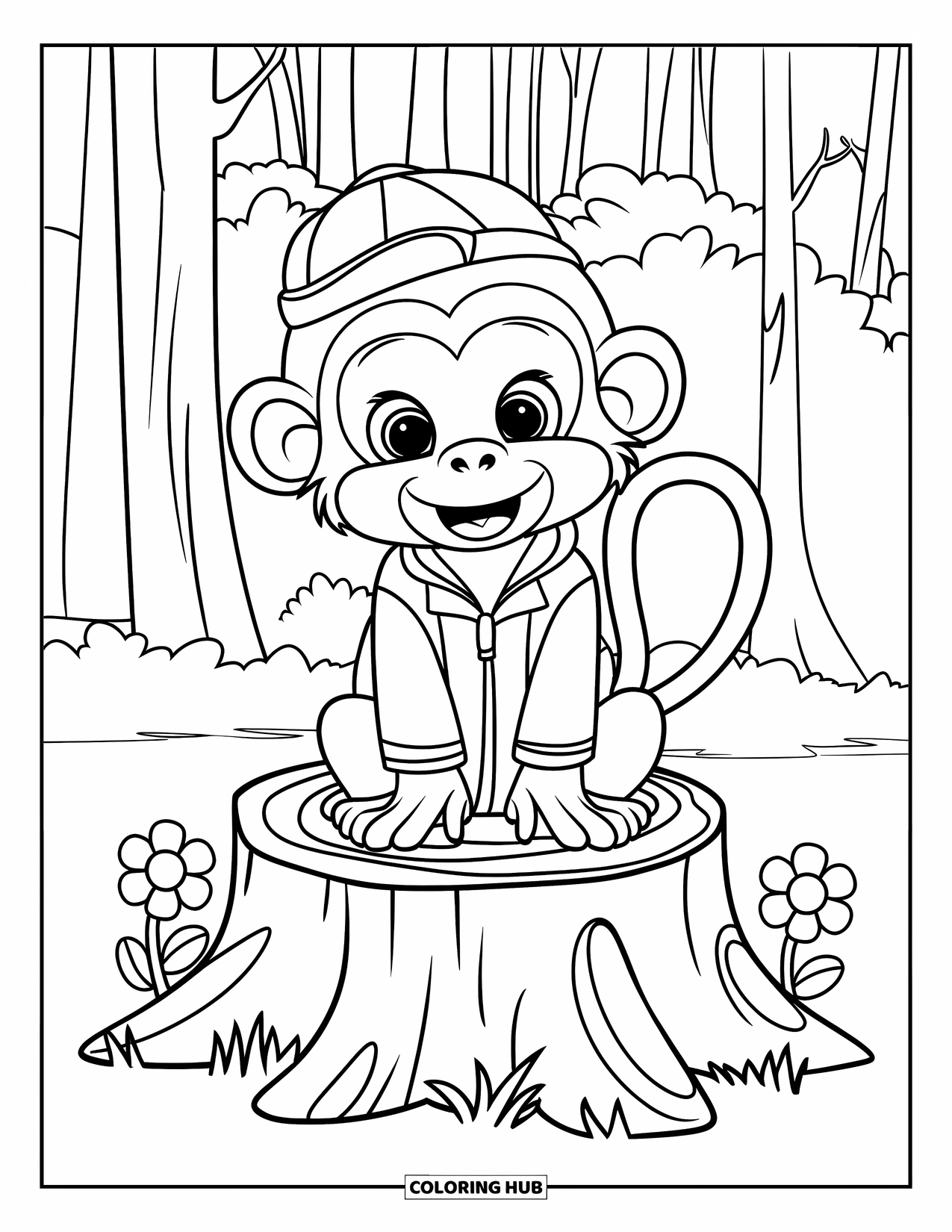 Monkey Coloring Page for Kids: A monkey in a red hat and green jacket sits happily on a stump with flowers
