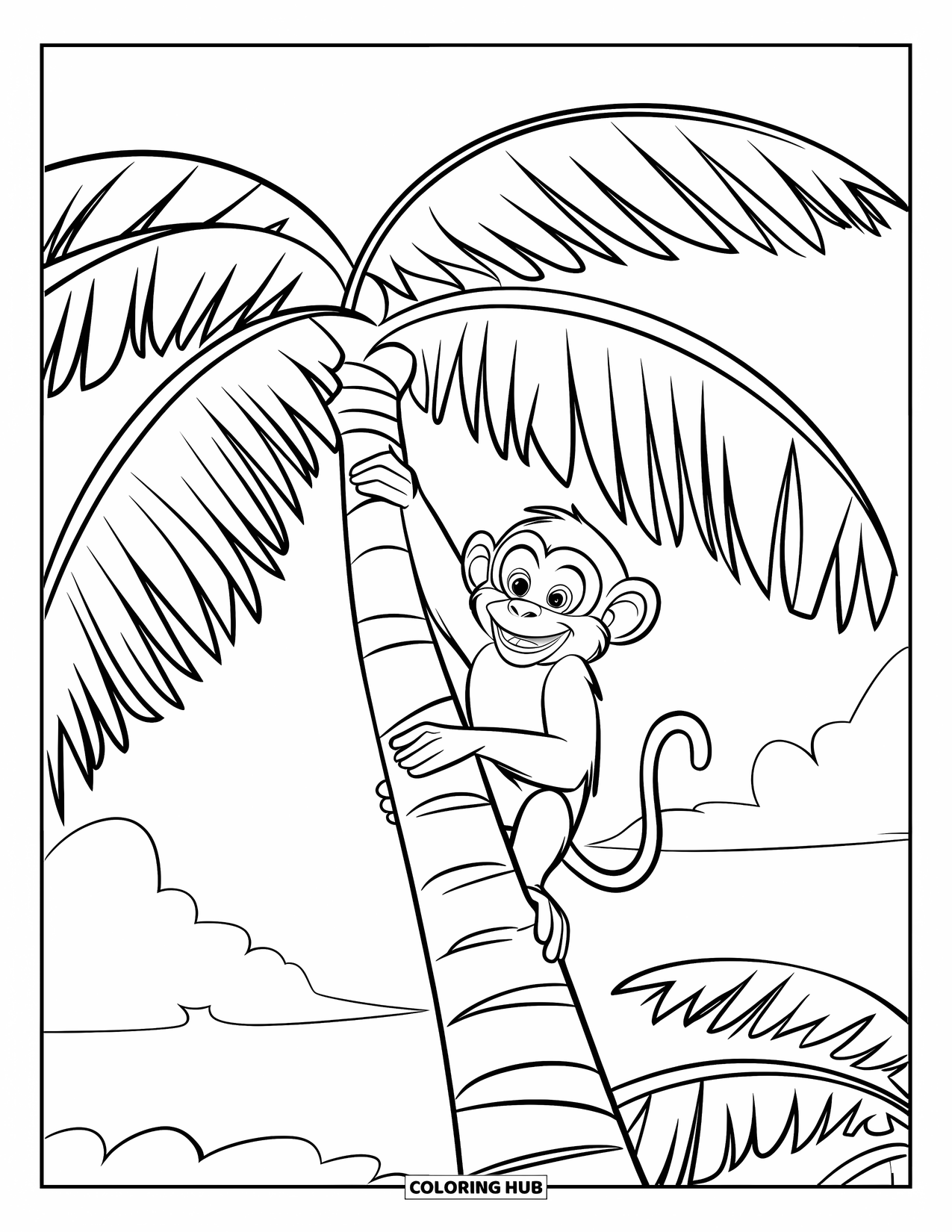 Monkey Coloring Page for Kids: A monkey in a red shirt climbs a coconut tree under a bright, sunny sky