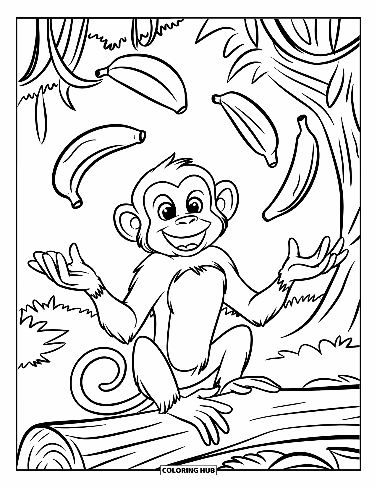 Monkey Coloring Page for Kids: A monkey juggles bananas with a grin while sitting on a jungle log
