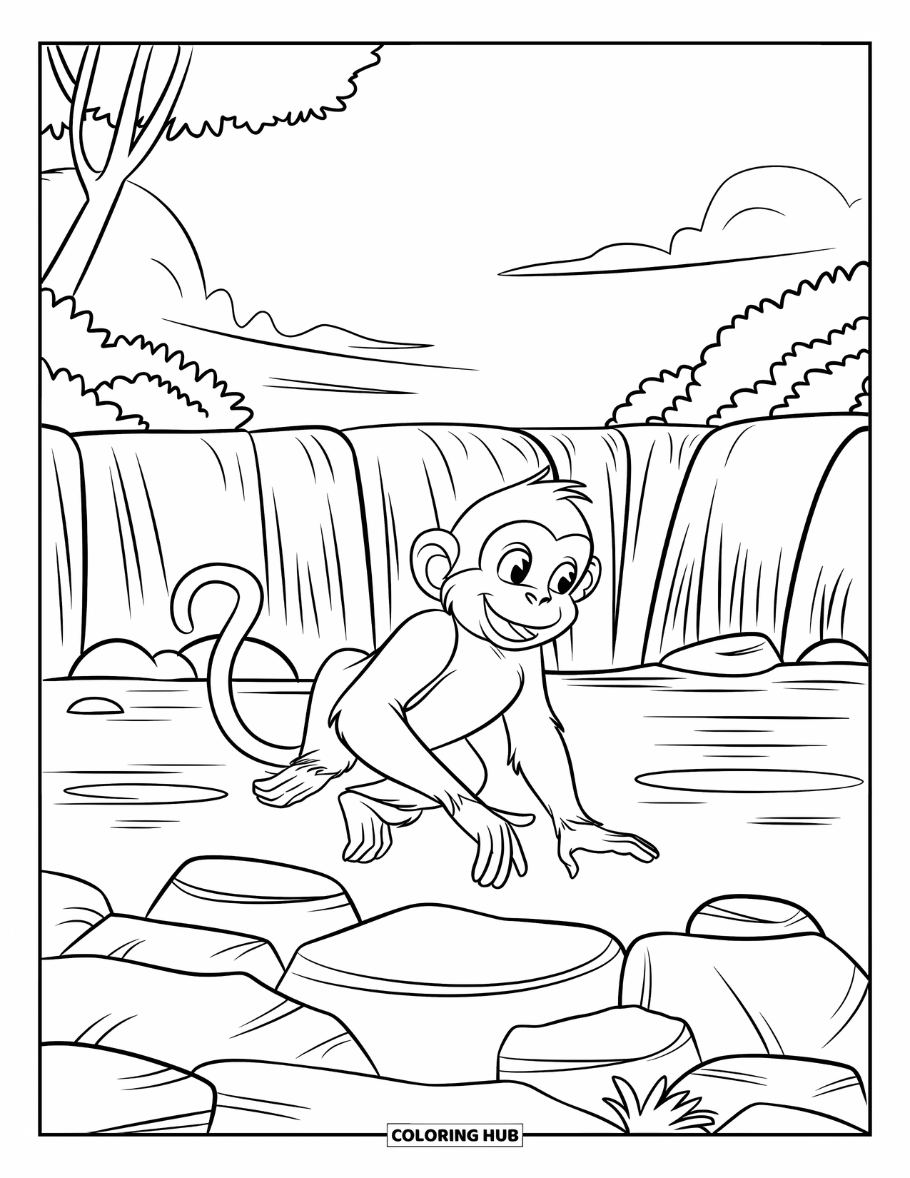 Monkey Coloring Page for Kids: A monkey jumps between rocks near a waterfall with a big grin and happy tail