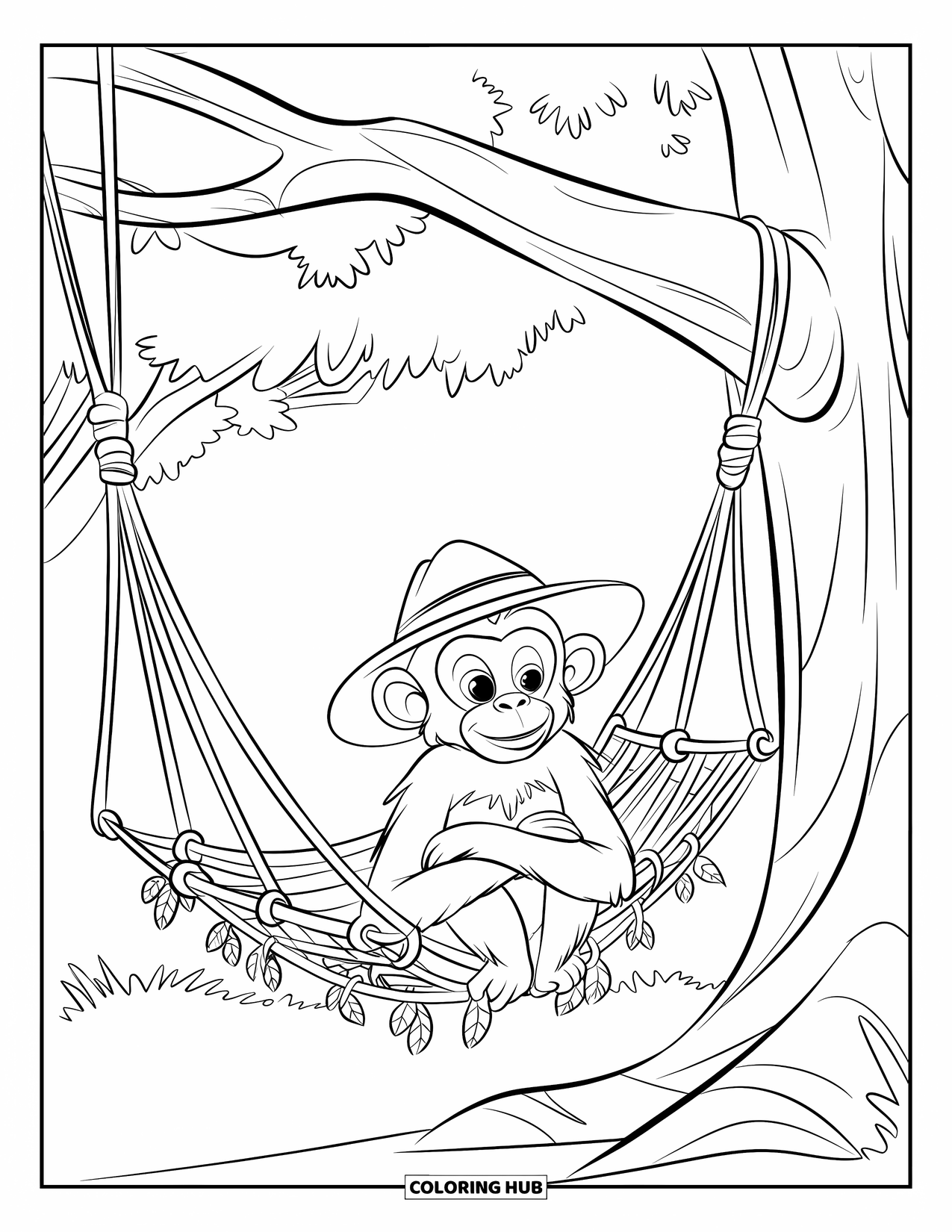 Monkey Coloring Page for Kids: A monkey lounges in a vine hammock wearing a green hat and crossing its arms