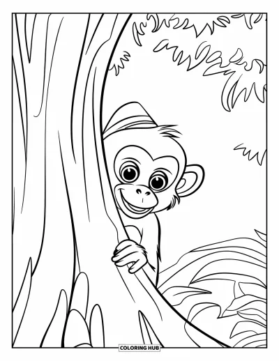 Dibujo de monos para colorear para niños: Un mono se asoma juguetonamente detrás de un árbol grande en un bosque frondoso