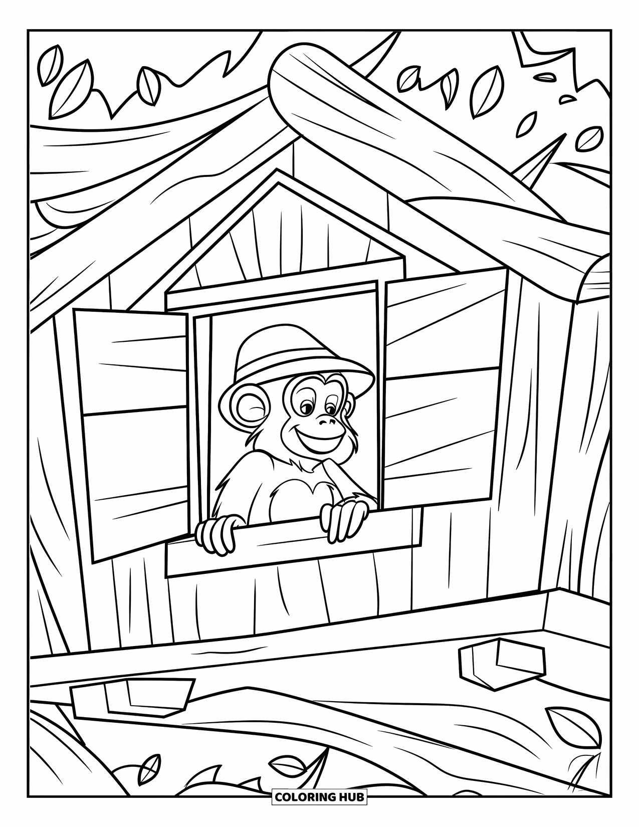 Monkey Coloring Page for Kids: A monkey sits in a cozy treehouse, gazing out from its leafy hideout
