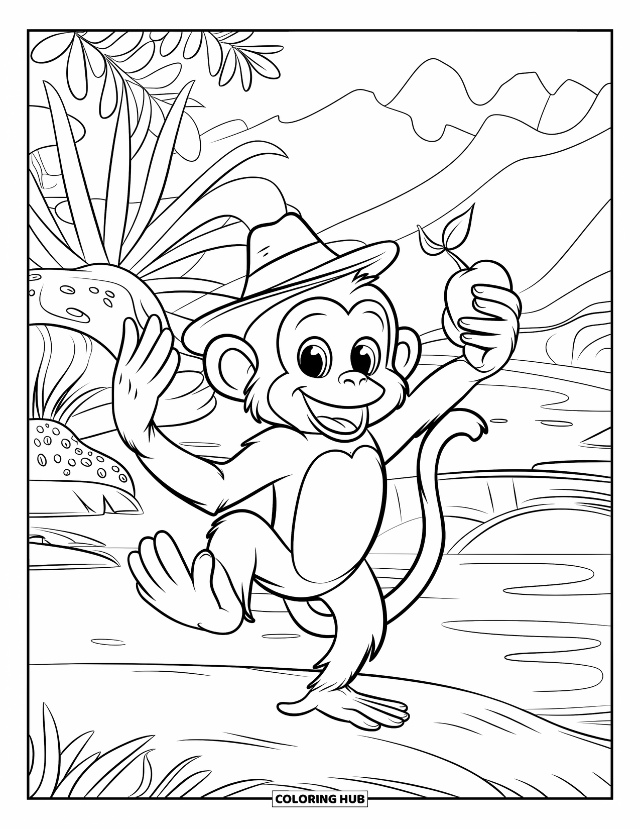 Monkey Coloring Page for Kids: A monkey smiles wide while balancing with a fruit near mountains and water