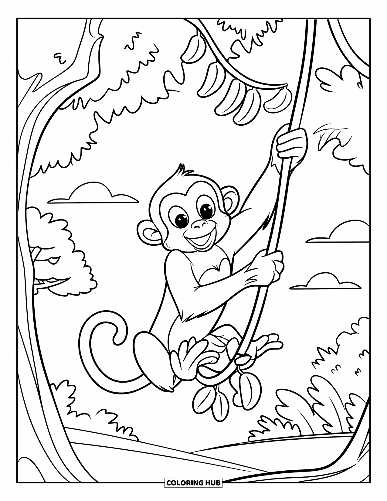 Monkey Coloring Page for Kids: A monkey swings between trees, trailing bananas through the leafy forest
