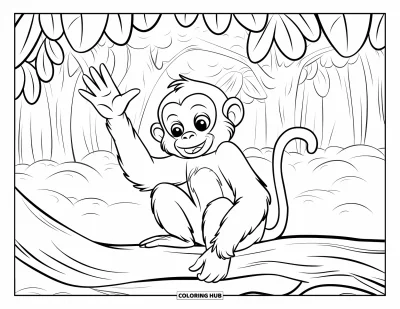Dibujo de monos para colorear para niños: Un mono saluda desde una rama del bosque con formas suaves y árboles frondosos