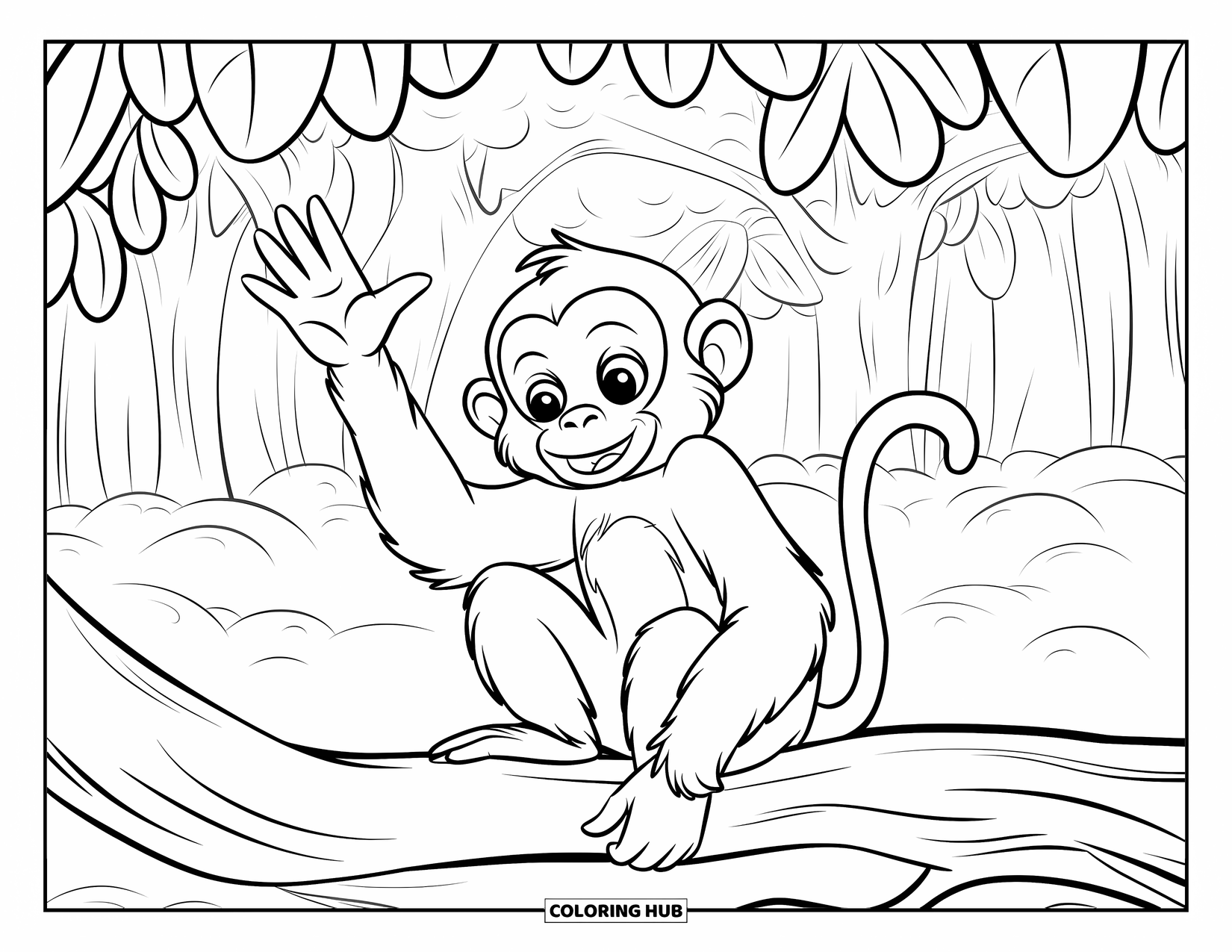 Monkey Coloring Page for Kids: A monkey waves from a forest branch with soft shapes and leafy trees