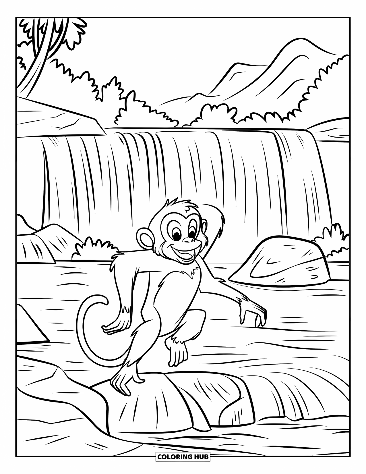 Monkey Coloring Page for Kids: A monkey with a grin jumps between rocks and trees by a tiered waterfall