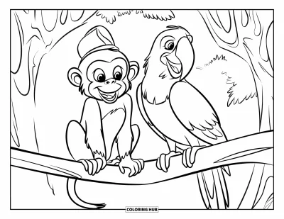 Dibujo de monos para colorear para niños: Un mono con sombrero y un loro sonriente comparten una rama firme en la selva