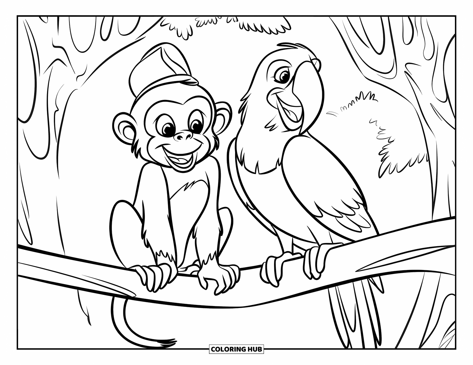 Monkey Coloring Page for Kids: A monkey with a hat and a smiling parrot share a sturdy branch in the jungle