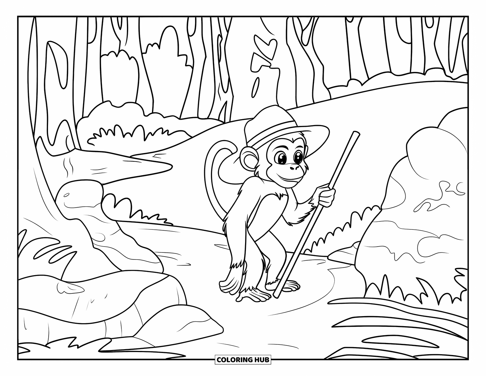Monkey Coloring Page for Kids: A monkey with a hat and stick explores a quiet forest path surrounded by trees