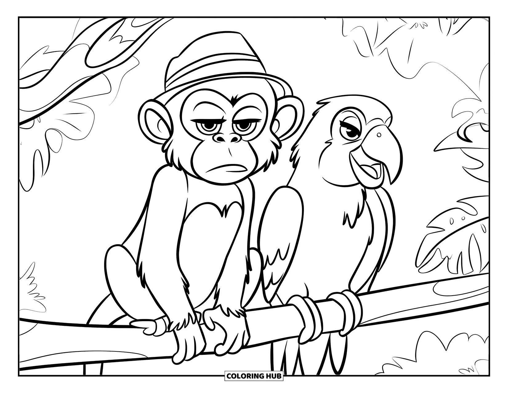 Monkey Coloring Page for Kids: A monkey with a serious face sits beside a chatty parrot on a forest branch