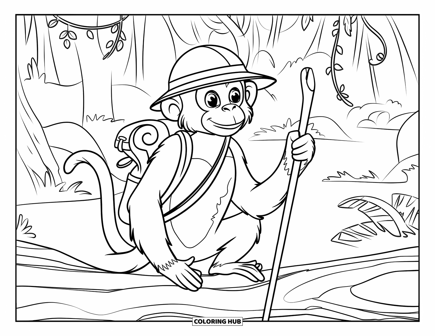 Monkey Coloring Page for Kids: A monkey with a walking stick rests on a log surrounded by lush jungle greenery