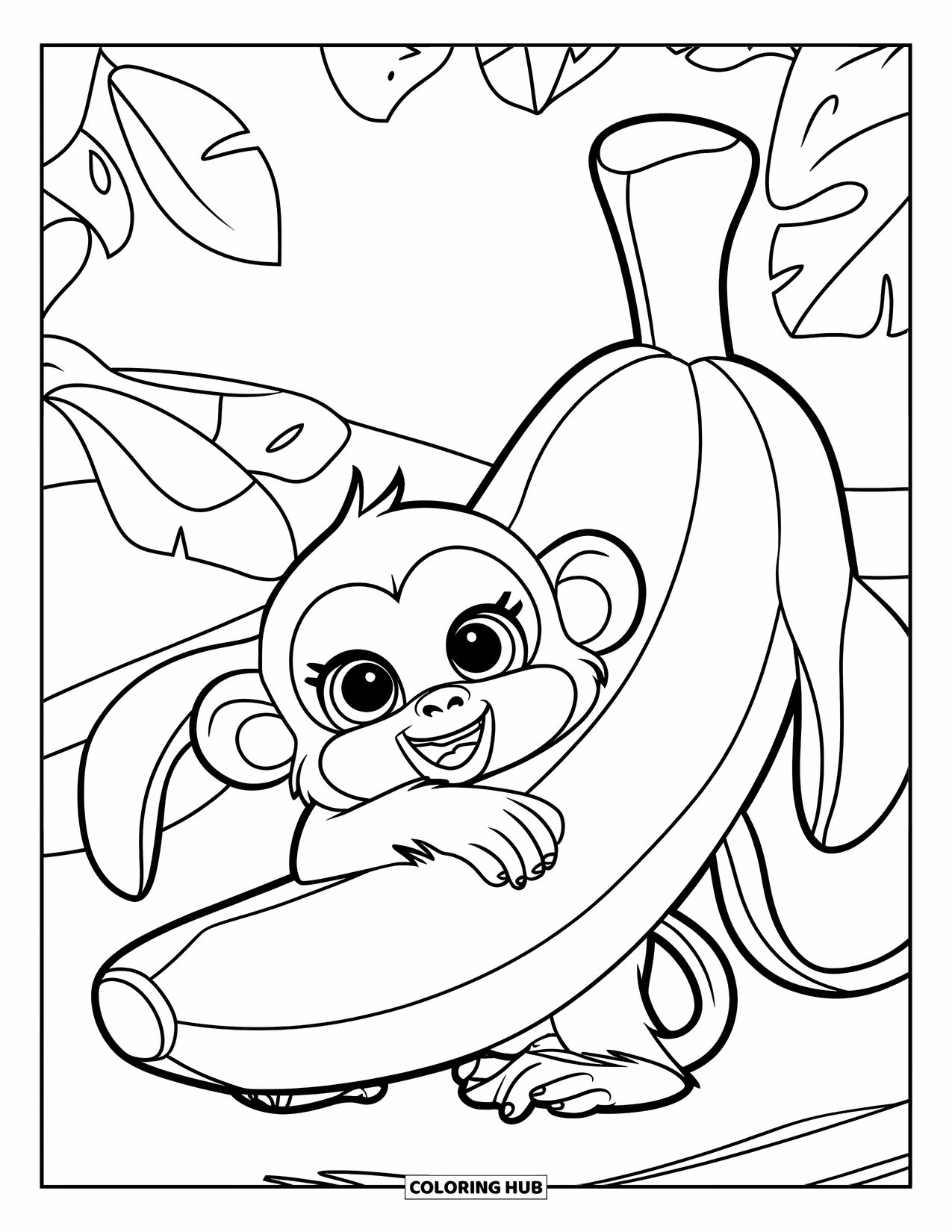 Monkey Coloring Page for Kids: A monkey with big eyes hugs a banana plushie on a leafy branch