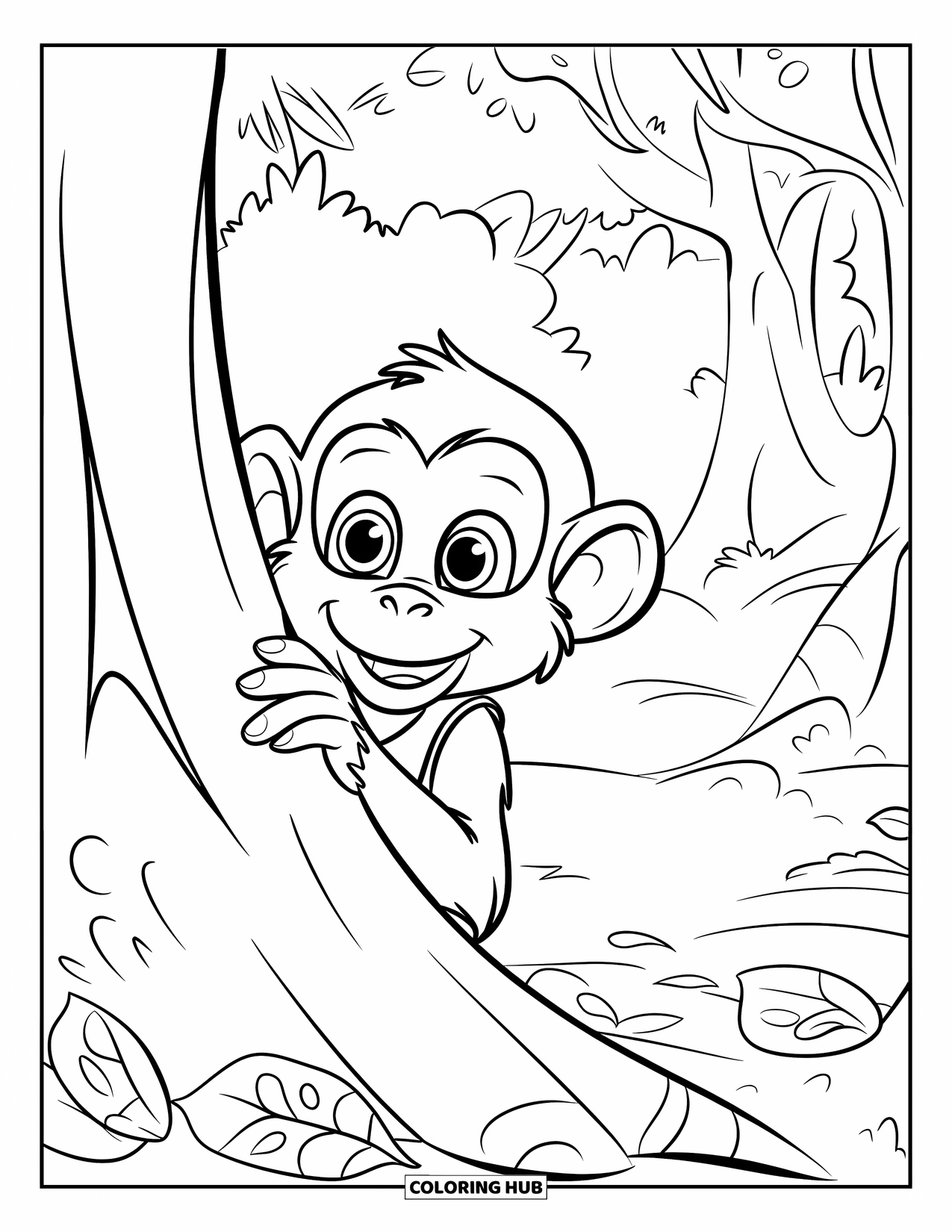 Monkey Coloring Page for Kids: A monkey with big eyes peeks from a curved tree in a forest full of trees