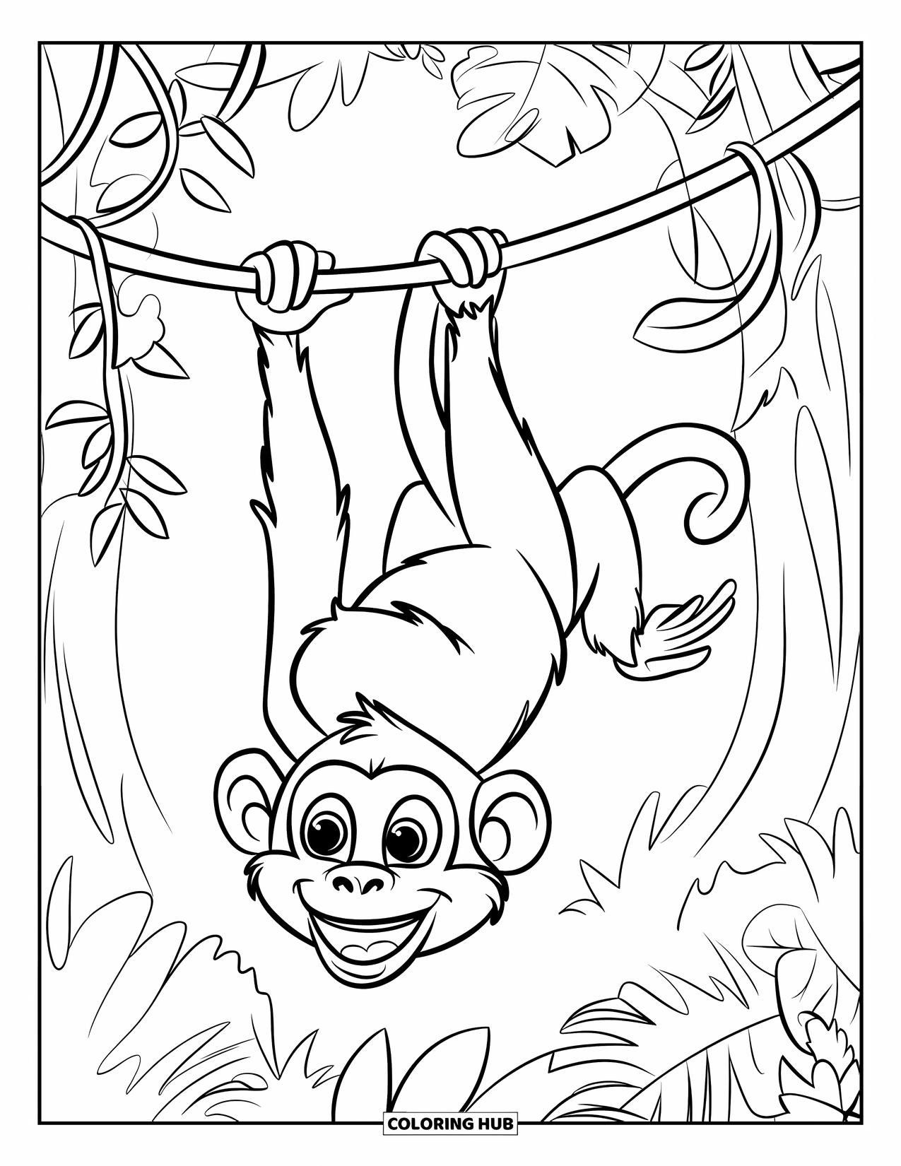 Monkey Coloring Page for Kids: A monkey with big eyes swings upside down from a leafy vine