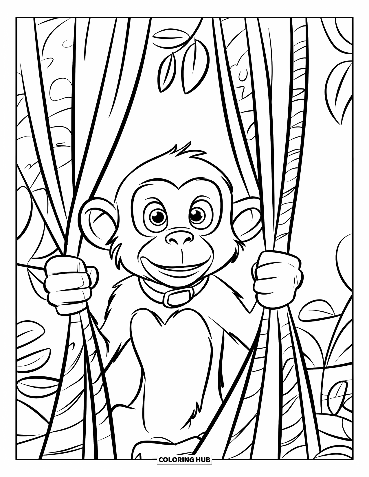 Monkey Coloring Page for Kids: A monkey with wide eyes peeks through leafy vines wearing a soft collar