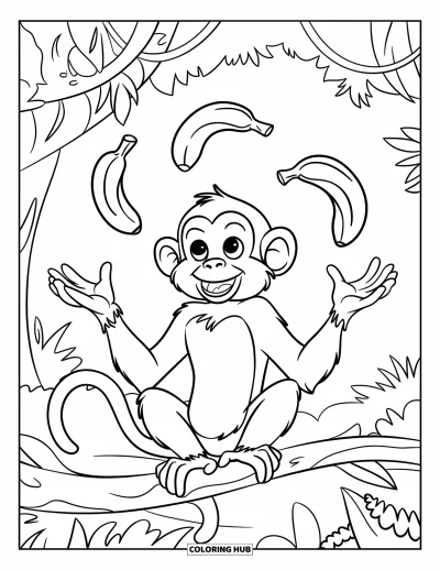Dibujo de monos para colorear para niños: Un mono sonriente equilibra plátanos sobre una rama en una selva exuberante
