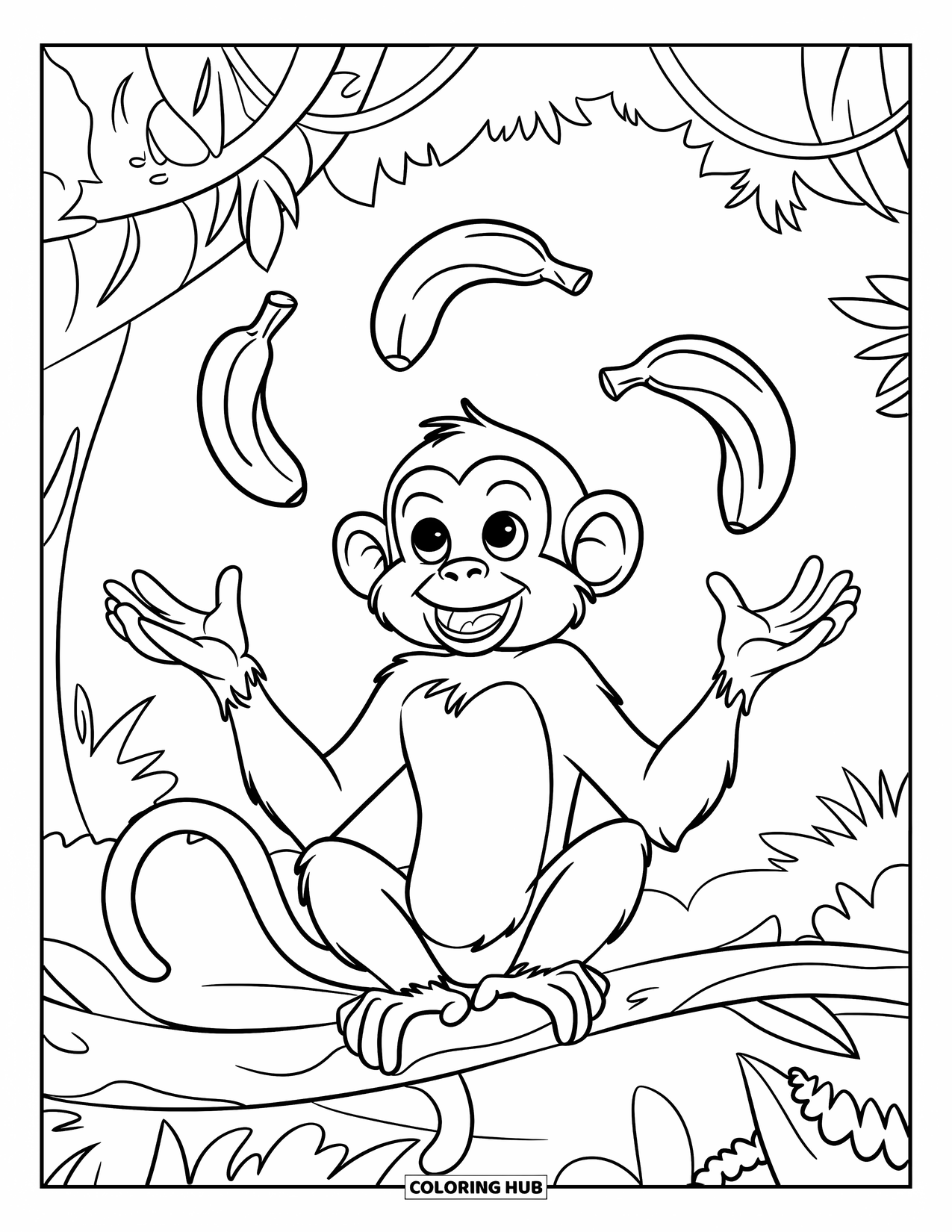 Monkey Coloring Page for Kids: A smiling monkey balances bananas on a branch in a lush jungle