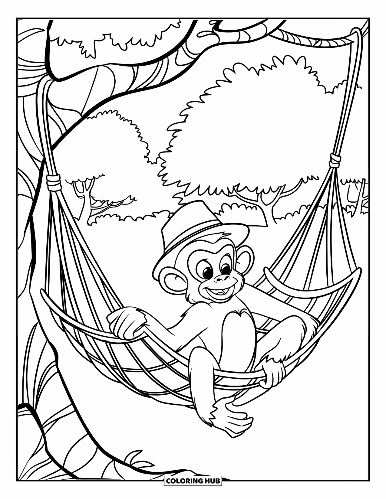 Monkey Coloring Page for Kids: A smiling monkey in a hat lounges in a vine hammock with birds nearby