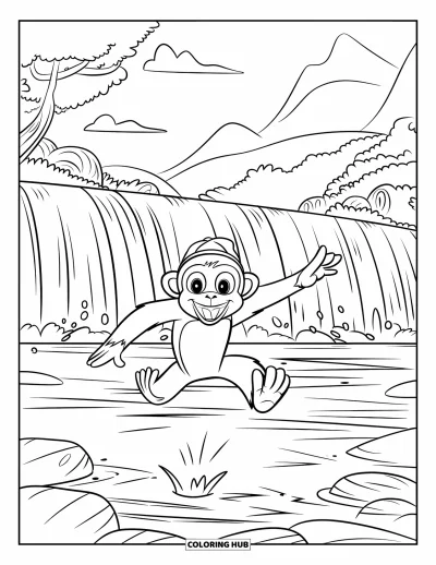 Dibujo de monos para colorear para niños: Un mono sonriente salta cerca de una cascada con neblina, con sombrero y en una selva exuberante
