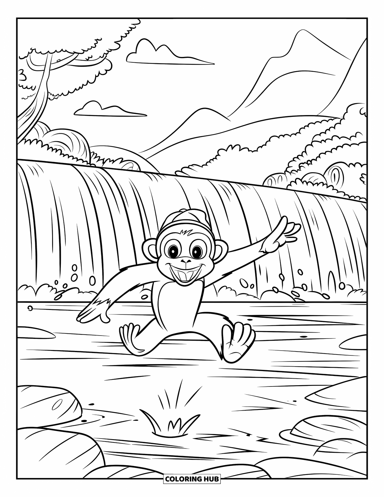 Monkey Coloring Page for Kids: A smiling monkey leaps near a misty waterfall in a hat and lush jungle